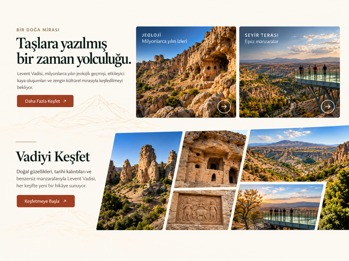 Kaya oluşumları, tarihi motifler ve seyir terasından oluşan konsept kolaj